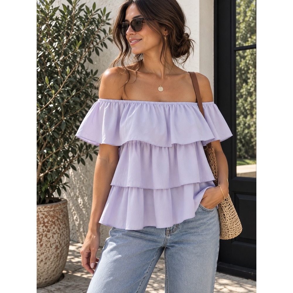 SHEIN SXY Off Shoulder Tiered Ruffle Tunic Top Purple Small NWT